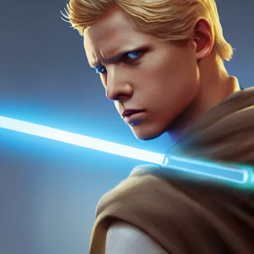 Image similar to full body Over-the-Shoulder Shot of a young blonde male jedi with short hair with his blue lightsaber is ignited illuminating him and the scene, concept art by Doug Chiang cinematic concept art, realistic painting, high definition, digital art, matte painting, symmetrical, very detailed, realistic, dramatic lighting, cinematic, establishing shot, extremely high detail, photo realistic, cinematic lighting, post processed, concept art, artstation, matte painting, red color scheme, the Mandalorian concept art style