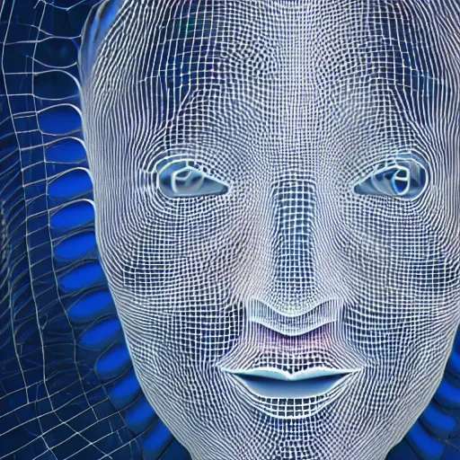 Prompt: three dimensional portrait of a woman inspired by data - driven art, generative, coding, particle waves, spirals