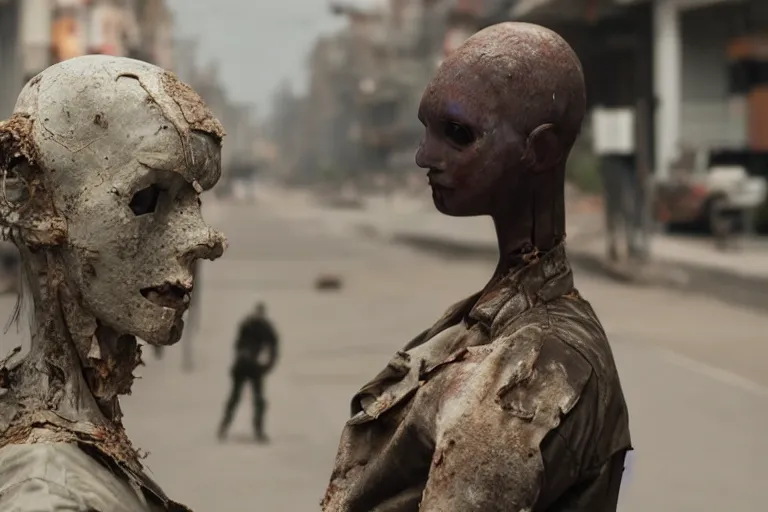 Image similar to vfx movie scene dilapidated mannequin in war torn street, natural lighting closeup by emmanuel lubezki