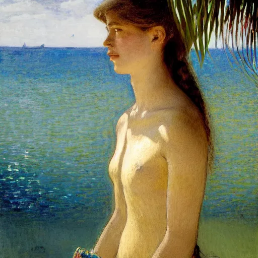 Image similar to a ultradetailed beautiful painting of a girl in the amazonas palace designed by jules bastien - lepage, hans belmer, frank weston and gustave baumann, beach, trending on artstation, mediterranean, palm trees, refracted color sparkles, sharp focus, soft light, 8 k 4 k