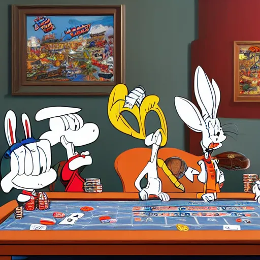 Image similar to a highly detailed vector picture of bugs bunny and captain cruch and snoopy and bender playing poker, art by dan mumford and yusuke murata and makoto shinkai and ross tran, octane render, 4 k resolution, trending on artstation, masterpiece