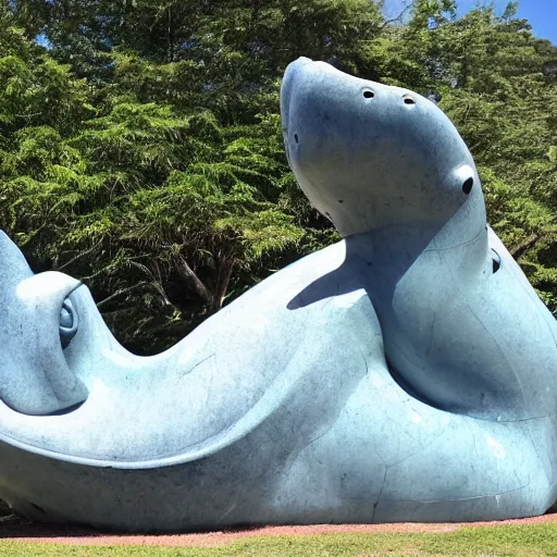 Image similar to huge marble statue of a whale with legs in a public park, hi - res photo