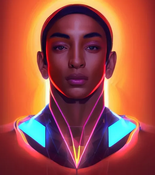 Image similar to symmetry!! egyptian prince of technology, solid cube of light, hard edges, product render retro - futuristic poster scifi, lasers and neon circuits, brown skin man egyptian prince, intricate, elegant, highly detailed, digital painting, artstation, concept art, smooth, sharp focus, illustration, dreamlike, art by artgerm