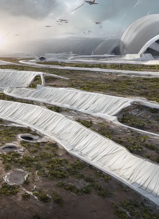 Image similar to techno chuquicamata bioremediation white mining tailing futuristic horizontal architecture, epic, cinematic, hyperealistic, high detailed, corona render, hdr, ray tracing