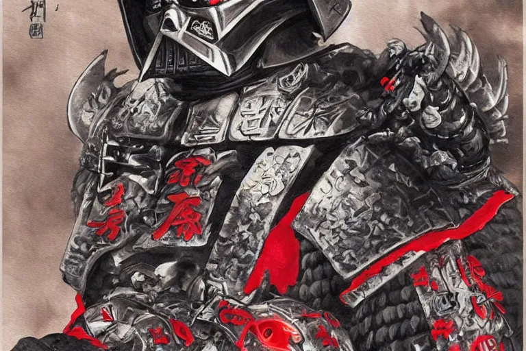 Image similar to a battle - hardened samurai demon warlord vader with sinister kabuto and terrifying men - yoroi mask, with armor intricately engraved with glowing red ancient rune symbols, and adorned with demon skulls, by ayami kojima, trending on artstation