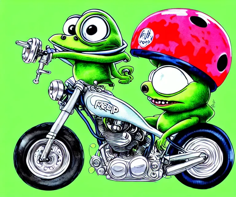 Image similar to cute and funny, closed mouth pepe wearing a helmet riding in a tiny hot rod harley motocrycle with oversized engine, ratfink style by ed roth, centered award winning watercolor pen illustration, isometric illustration by chihiro iwasaki, edited by range murata, details by artgerm