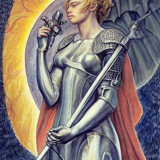 Image similar to jeanne d'arc in the style of william blake, terese nielsen, detailed, intricate, beautiful faces, steve argyle, pastoral fantastic reality