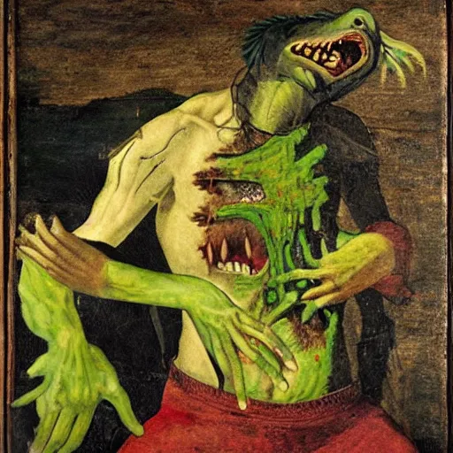 Prompt: stinky little man with green skin, sharp teeth, and many open wounds, renaissance painting