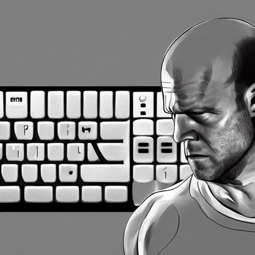 Image similar to jason statham fighting keyboard, half body shot, path traced, fight scene, highly detailed, high quality, digital painting