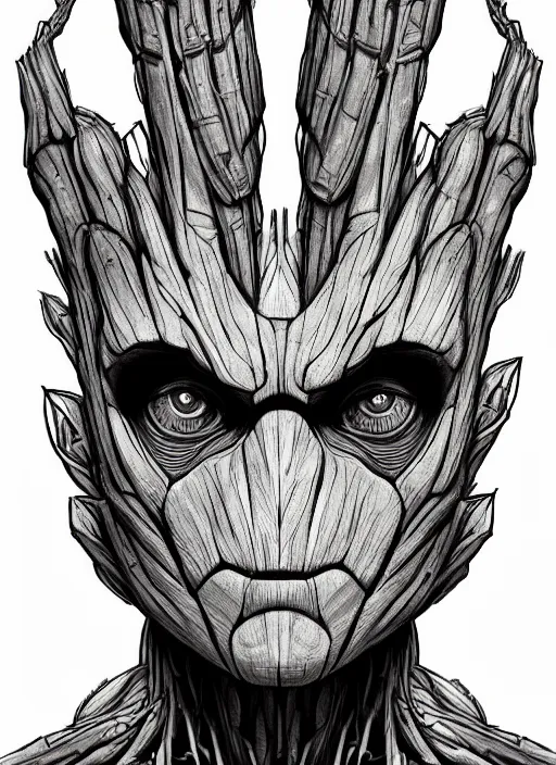 Image similar to symmetry concpet art, full shot, traditional ink, sketch, of groot, line sketch, intricate, elegant, highly detailed, monochrome, digital painting, artstation, concept art, sharp focus, illustration, art by borderlands 3 and peter polach