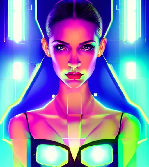 Image similar to symmetry!! latin princess of technology, solid cube of light, hard edges, product render retro - futuristic poster scifi, lasers and neon circuits, beautiful woman latin princess, intricate, elegant, highly detailed, digital painting, artstation, concept art, smooth, sharp focus, illustration, dreamlike, art by artgerm