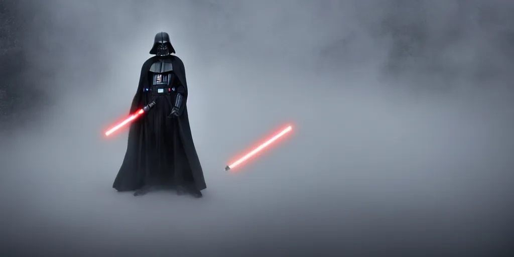 Prompt: sith lord with lightsaber, no darth vader, fog on the ground, heavy rain, lightning, moody lighting, shallow depth of field,