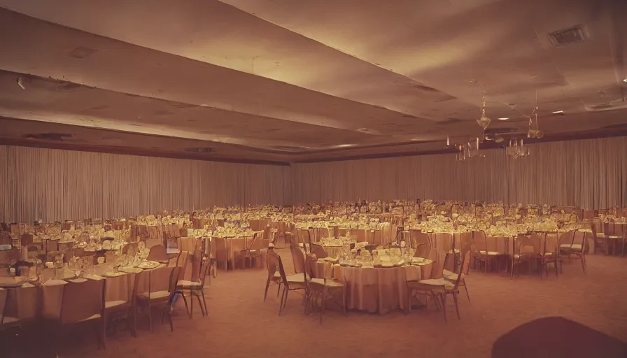 Prompt: 70s movie still of a ballroom with a high ceiling , cinestill 800t Technicolor, heavy grain, high quality, criterion collection, liminal space style