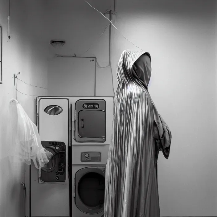 Prompt: a woman wearing a hood made of wire and plastic, in a laundry mat, by vincent desiderio, canon eos c 3 0 0, ƒ 1. 8, 3 5 mm, 8 k, medium - format print