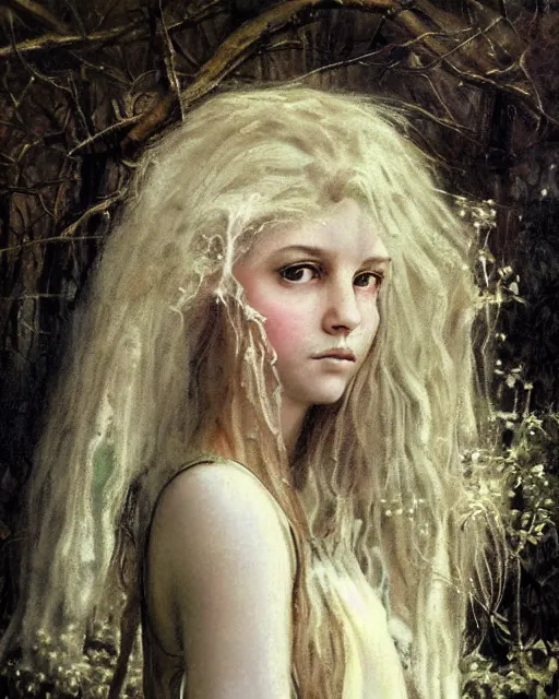 Prompt: a beautiful and eerie baroque painting of a gorgeous young woman from vermont, with wild hair and haunted eyes, 1 9 6 0 s, woodland, afternoon light, delicate embellishments, painterly