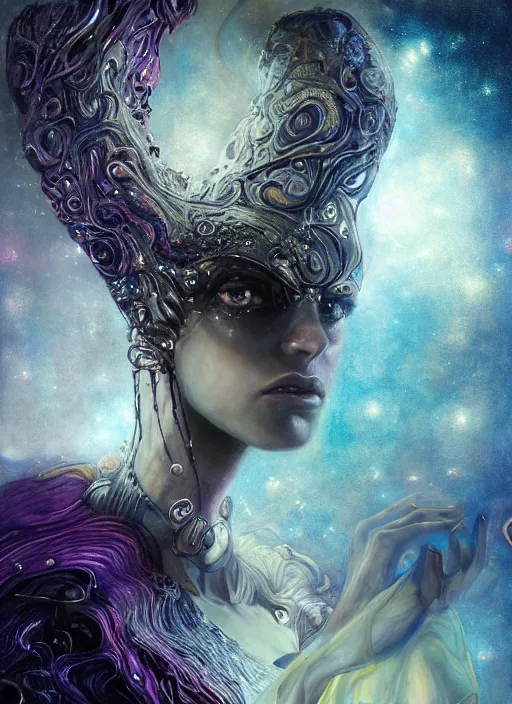 Prompt: epic portrait of menacing, agitated, anxious, weeping yet stunningly beautiful biomechanical djinn overseeing the iridescent fabric of the universe, by charlie bowater, mandy jurgens, gustav klimt, octane render, dramatic camera angle, 4k, 8k, high detail, HDR, by tom bagshaw, powerful, with inspiration from Beksinski, inspired by greek goddess Athena