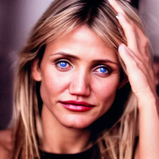 Prompt: close - up young cameron diaz, moody lighting, 8 k, shallow depth of field, cinematic lighting,