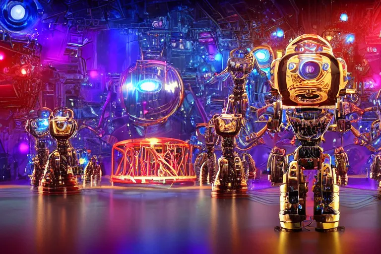 Image similar to stage from the show america got talent, on stage are 4 golden and blue metal humanoid steampunk robots dancing, robots are wearing gears and tubes, eyes are glowing red lightbulbs, shiny crisp finish, 3 d render, 8 k, insaneley detailed, fluorescent colors, nightlight