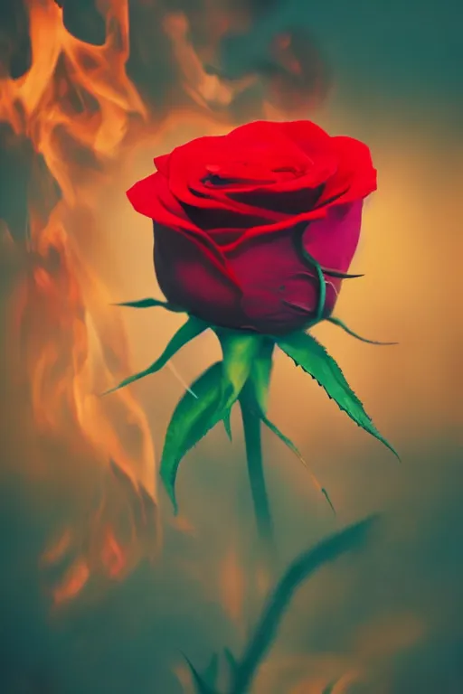 Image similar to Photo of A red rose on fire, highly detailed, depth of field, fine art photography, Cinestill 800t, wide shot, photo print, best selling.