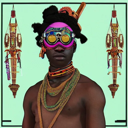 Image similar to colourful vfx upper half - portrait - art of a african tribal chief wearing steam punk goggles, art by utagawa kunisada, james jean & alphonse mucha, symmetrical, intricate detail, concept art, volumetric light, ray tracing, caricature, digital illustration, digital painting, octane 3 d render, unreal engine, sharp, pinterest, behance, art station,