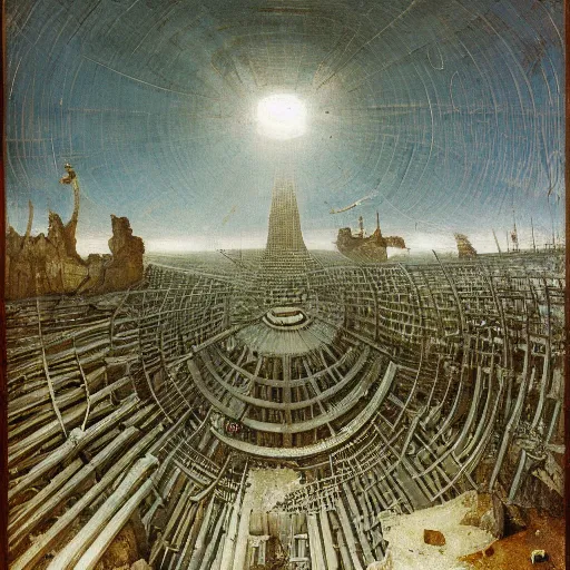 Prompt: looking down onto vast, cold cavern ::3 one majestic Tower of Babel made of twisted machinery reaching from floor to ceiling, wreathed with wires and balconies, wider at the top than the bottom, upside-down, center frame, with blue, pale green, and white lights, by Bruegel and H.R. Giger ::5 lights of an oil refinery at base of tower ::2 harsh framing light from spotlights on the ground ::2 painting of industrial city by Bruegel, Carvaggio, Piranesi, H.R. Giger and Bosch