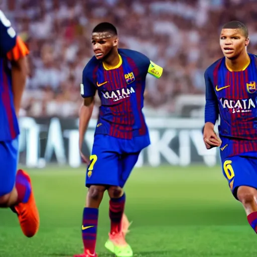 Image similar to Kylian Mbappé playing for FC Barcelona very detailed cinematic hyperrealistic 4k