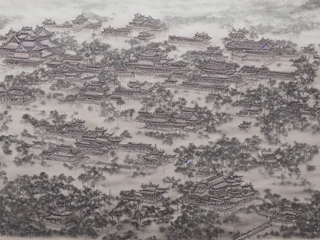 Image similar to forbidden city, highly detailed, cinematic landscape ， ink painting ， foggy