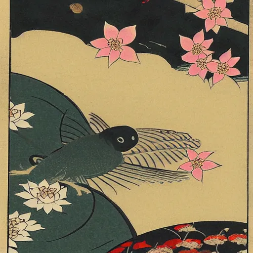 Image similar to a painting of flowers and a bird flying over a koi pond, a silk screen by ohara koson, pixiv contest winner, ukiyo - e, ukiyo - e, creative commons attribution, woodcut