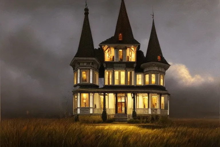 Image similar to a beautiful hyperrealistic painting of a victorian house with a tower at night, very detailed by andrea kowch and samuel and joseph newsom