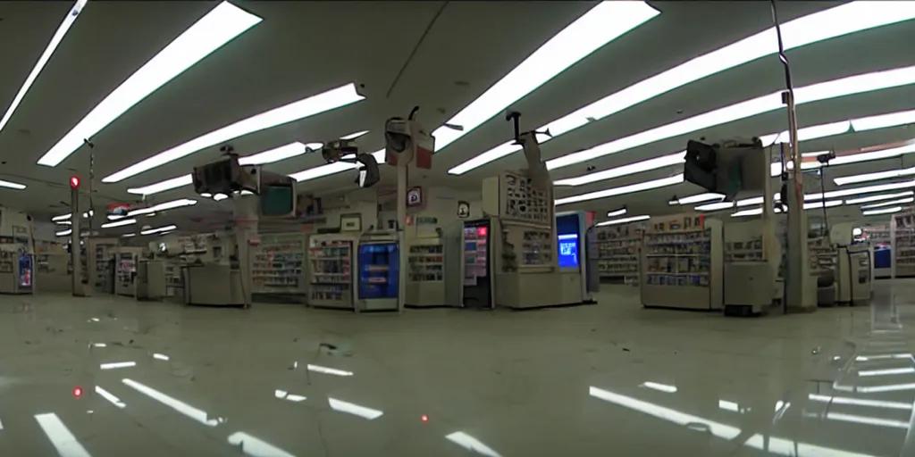 Image similar to abandoned human android factory in a convenience store, damaged camcorder video