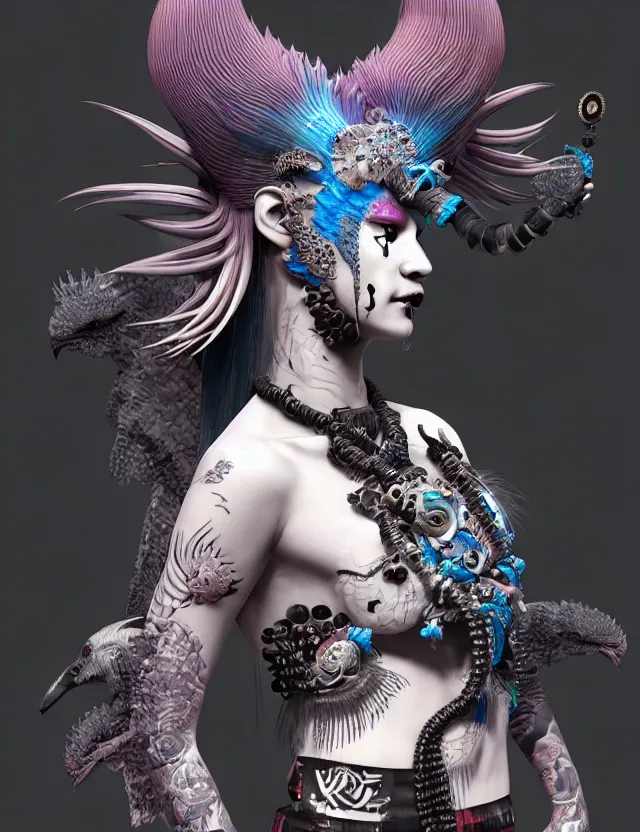 Image similar to 3 d goddess close - up profile portrait punk with mohawk with ram skull. beautiful intricately detailed japanese crow kitsune mask and clasical japanese kimono. betta fish, jellyfish phoenix, bio luminescent, plasma, ice, water, wind, creature, artwork by tooth wu and wlop and beeple and greg rutkowski