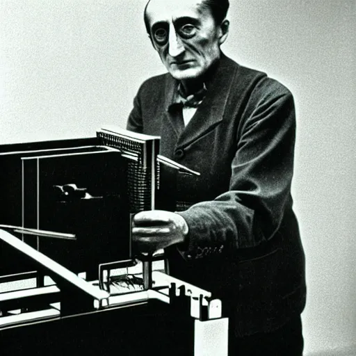 Image similar to Kodachrome portrait of Marcel Duchamp with an technologival machine, archival pigment print in the style of Hito Steyerl, studio shooting, contemporary art