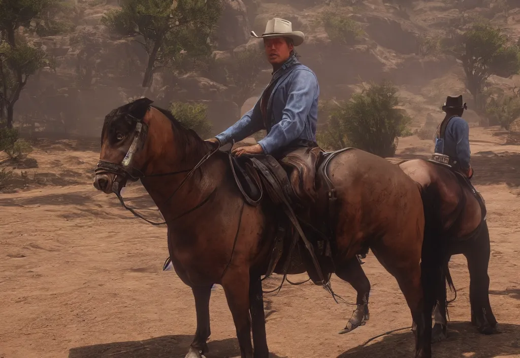 Image similar to elon musk in the red dead redemption 2, elon musk in the video game red dead redemption 2, gameplay screenshot, close up, 3 d rendering. unreal engine. amazing likeness. very detailed.