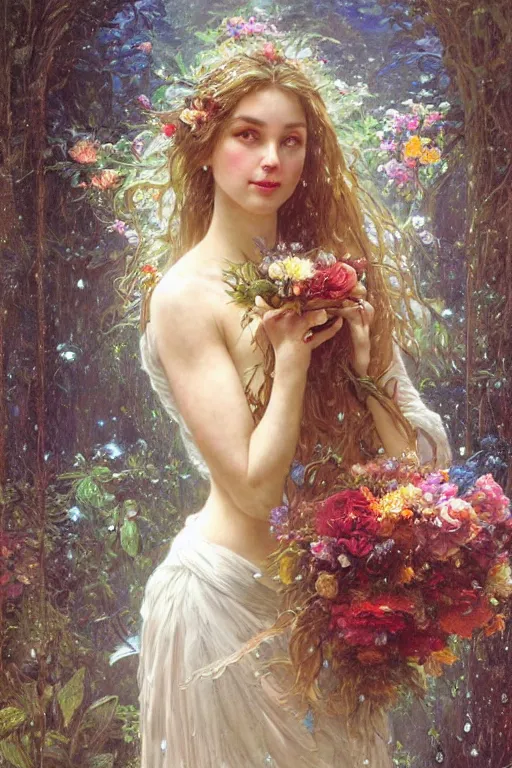 Image similar to portrait of a beautiful mysterious woman holding a large bouquet of flowing flowers, wet dripping long hair, hands disappeared under the bouquet, emerging from the water, fantasy, regal, intricate, by stanley artgerm lau, greg rutkowski, thomas kindkade, alphonse mucha, loish, norman rockwell