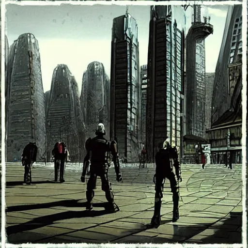 Image similar to “The plaza around the base of the megabuilding was being patrolled by Robocop ED-209. The tower was made of solid black metal and stone. Anime background artwork in the style of Akira. 2077 photo mode by Marc Simonetti, artwork by Ted Nasmith, Ted Nasmith and Marc Simonetti, 8K, D&D concept art, 2077 wallpaper”