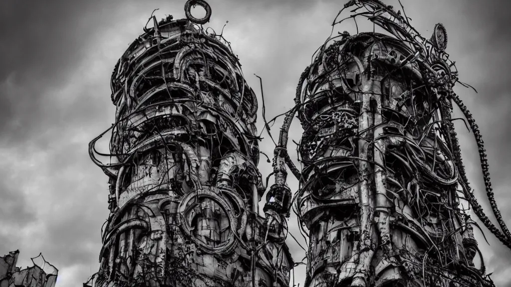 Image similar to A tower with an Eyeball at the top, BioMechanical like Giger, with tentacles coming out, looking over a stormy post-apocalyptic wasteland, dystopian art, wide lens