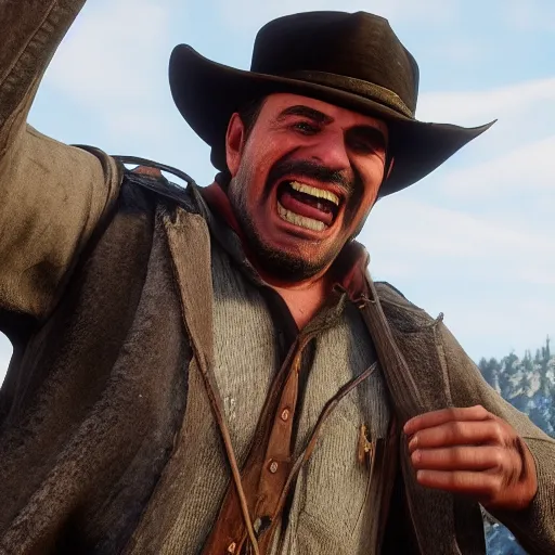 Image similar to Film still of Spanish Laughing Guy, from Red Dead Redemption 2 (2018 video game), no hat, no text