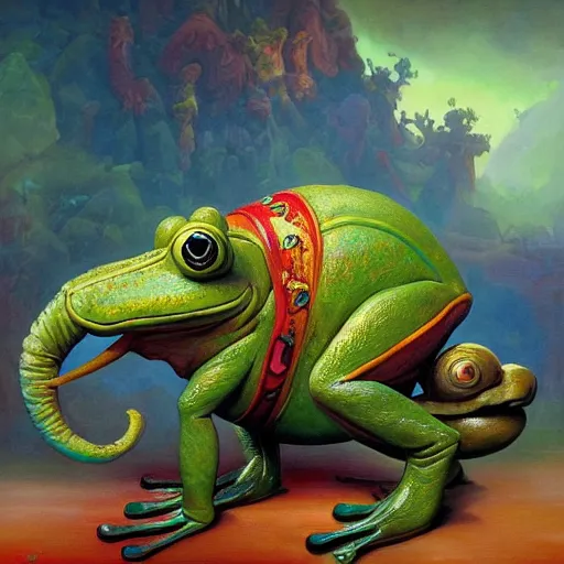 Prompt: frog - elephant creature, vibrant, colorful oil painting by justin gerard