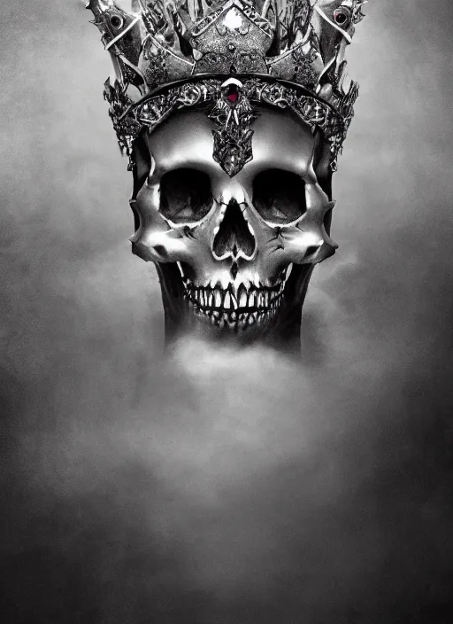 Image similar to skull queen with an origami crown, hints of silver jewelry, gothic, eerie, intricate detail, dramatic lighting, mist, grey, 4k
