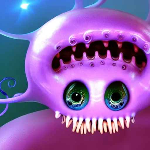 Image similar to beauty photograph of an adorable baby faced alien with tentacles on the sides of it's mouth, blue, tiny horns