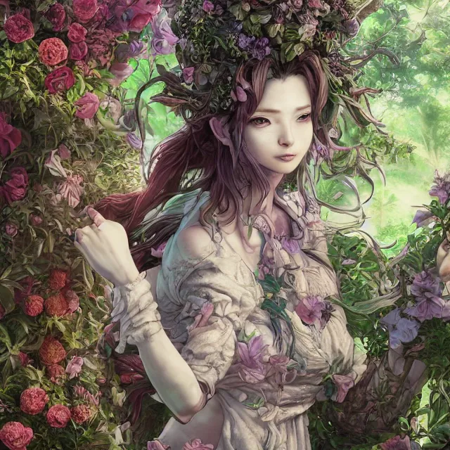 Image similar to the portrait of chaotic good female druid botanist as absurdly beautiful, gorgeous, elegant, young gravure idol, an ultrafine hyperdetailed illustration by kim jung gi, irakli nadar, intricate linework, sharp focus, bright colors, octopath traveler, final fantasy, unreal engine 5 highly rendered, global illumination, radiant light, detailed and intricate environment