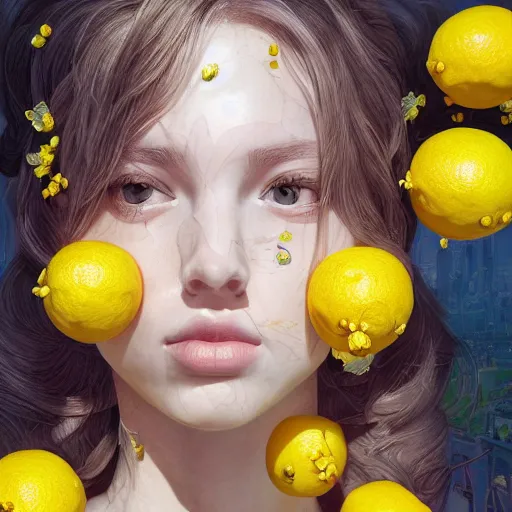 Image similar to the portrait of an absurdly beautiful, graceful, elegant, sophisticated, young teen girl made up of lemons looking up, an ultrafine hyperdetailed illustration by kim jung gi, irakli nadar, intricate linework, bright colors, octopath traveler, final fantasy, unreal engine 5 highly rendered, global illumination, radiant light, detailed and intricate environment