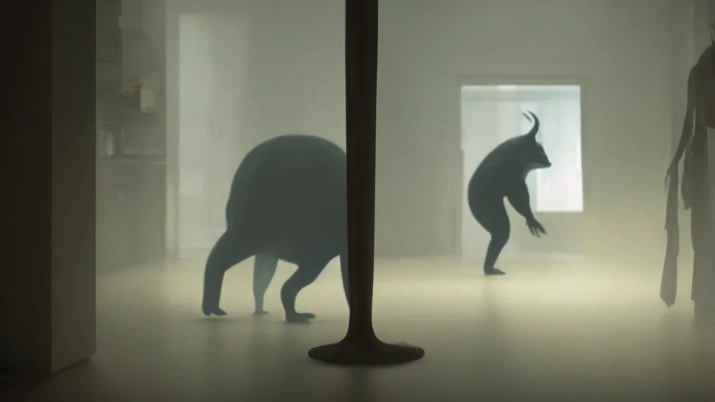 Image similar to a strange creature searches through a kitchen, film still from the movie directed by Denis Villeneuve with art direction by Zdzisław Beksiński, telephoto lens, shallow depth of field, golden hour