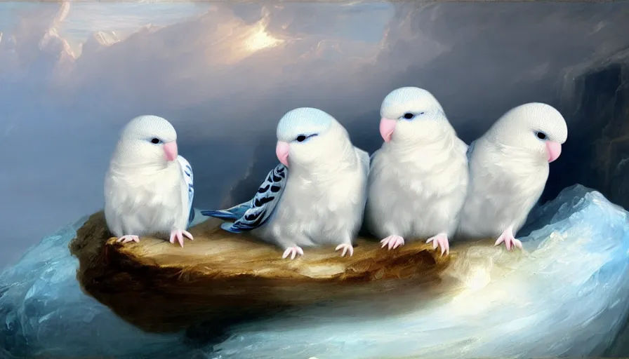 Prompt: highly detailed painting of cute furry white baby budgie cats cuddling into each other on a blue and white iceberg by william turner, by greg rutkowski, by william constable, thick brush strokes and visible paint layers, 4 k resolution