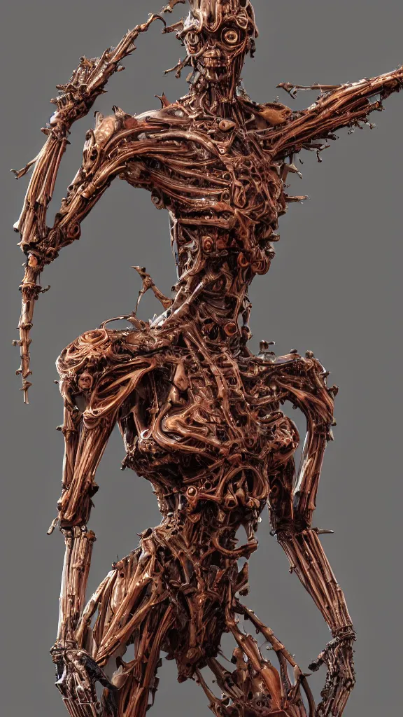 Image similar to highly detailed full body picture of a biomechanical statue, grotesque, bizarr, fleshy, character art, studio lightning, dark colors, intricate, masterpiece, photorealistic, hiperrealistic, sharp focus, high contrast, Artstation HQ, DeviantArt trending, 4k UHD, Unreal Engine 5