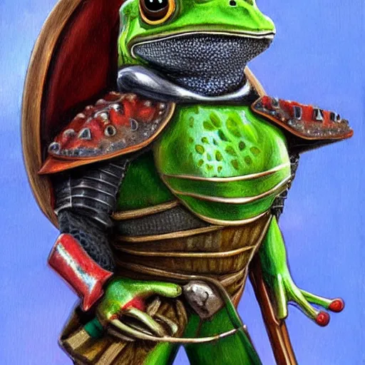 Prompt: frog knight in medieval armor, 8k, highly detailed, full portrait, professional painting,