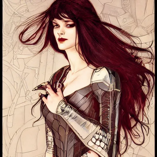 Prompt: a beautiful painting of mary jane watson dressed as a goth teenager, leather armored, dark eyeliner, intricate, elegant, highly detailed, digital painting, artstation, concept art, matte, sharp focus, illustration, art byby rebecca guay and by arthur rackham and by alphonse mucha and by john william waterhouse, comic book style!!