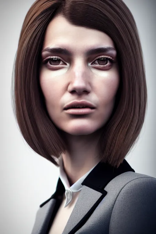 Image similar to kodak portrait 4 0 0 hyperdetailed very close portrait of a model, beautiful young female with brown hair and grey eyes, in a tight suit, volumetric light, by rossdraws and alexander mcqueen, rim light, octane render, 8 k