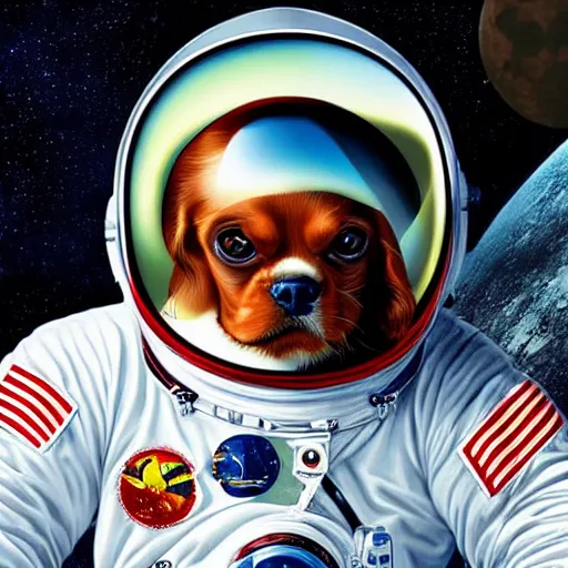 Image similar to cavalier king charles spaniel, wearing an cosmonaut helmet, russian cosmonaut, on the moon, art by artgerm and david a hardy