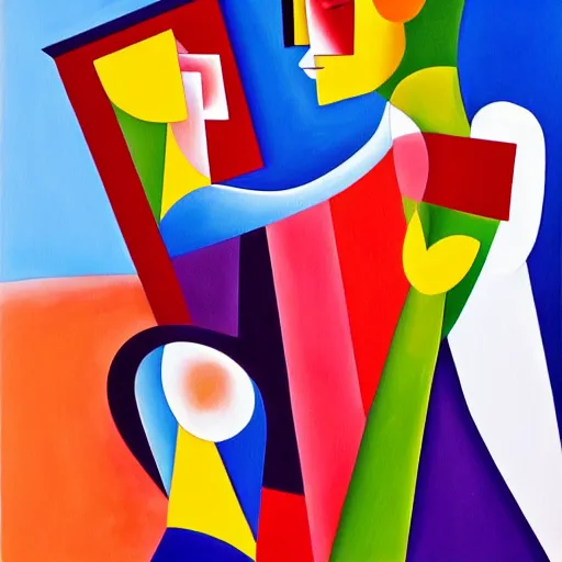 Prompt: a painting of a man and a woman, a cubist painting by elizabeth murray, behance, cubo - futurism, cubism, oil on canvas, airbrush art